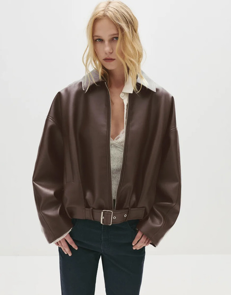  Pull & Bear Leather Effect Balloon Bomber Jacket In Chocolate Brown 