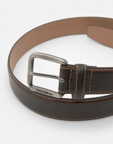  Pull & Bear Leather Effect Belt With Stitching In Brown 