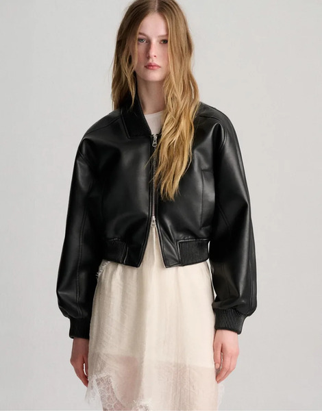  Pull & Bear Leather Effect Bomber Jacket In Black 