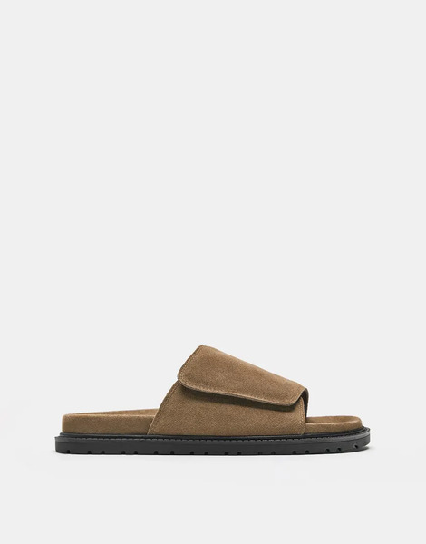  Pull & Bear Leather Slider Sandals In Brown 