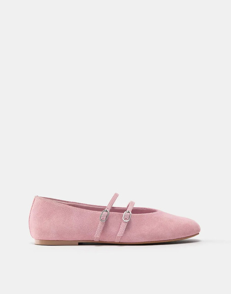  Pull & Bear Leather Strap Ballerinas In Pink Neutral 