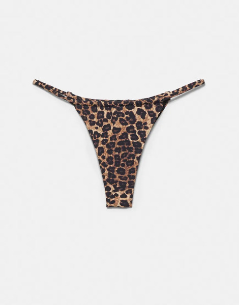  Pull & Bear Leopard Print Gathered Bikini Bottoms In Brown 
