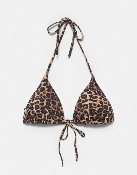  Pull & Bear Leopard Print Triangle Bikini Top In Brown 