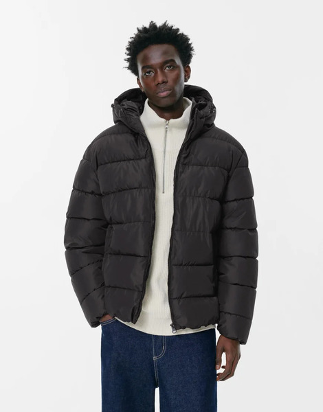  Pull & Bear Lightweight Hooded Puffer Jacket In Black 