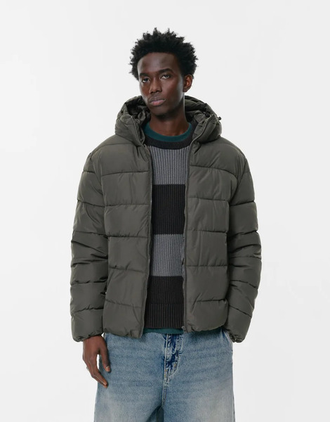  Pull & Bear Lightweight Hooded Puffer Jacket In Grey 