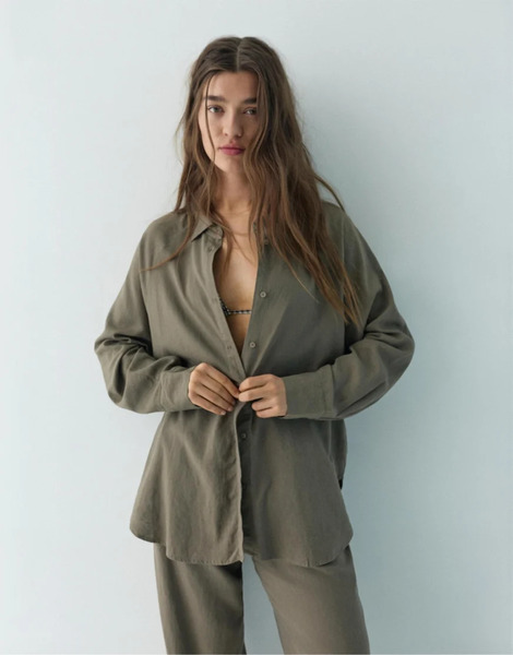  Pull & Bear Linen Blend Long Sleeve Shirt In Mole Brown 