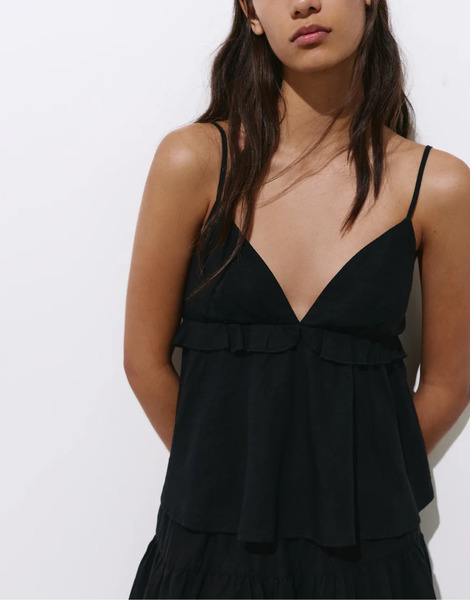 Pull & Bear Linen Blend Ruffled Top In Black 