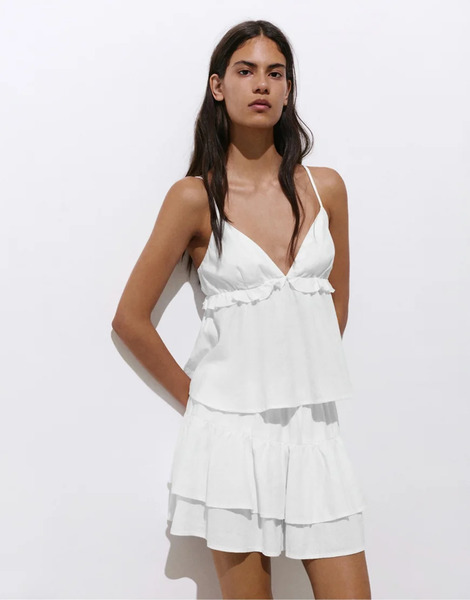  Pull & Bear Linen Blend Ruffled Top In White 