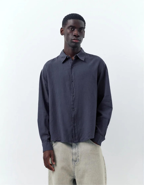  Pull & Bear Linen Blend Shirt In Dark Blue 
