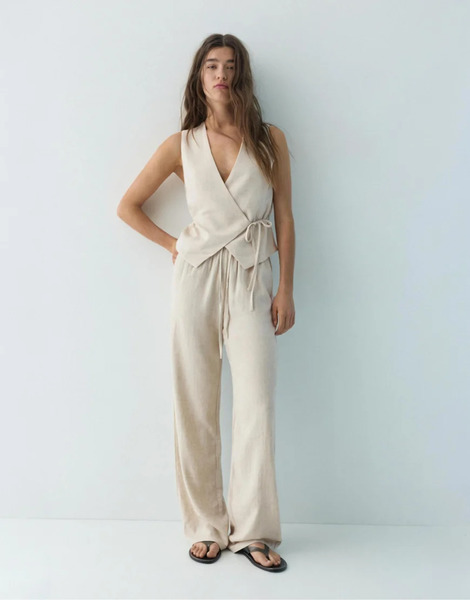  Pull & Bear Linen Blend Trousers In Beige Neutral 