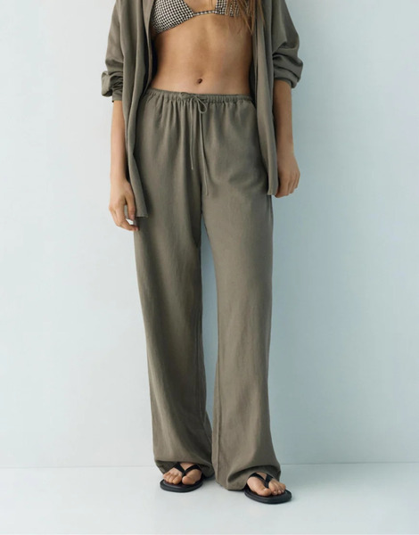  Pull & Bear Linen Blend Trousers In Mole Brown 