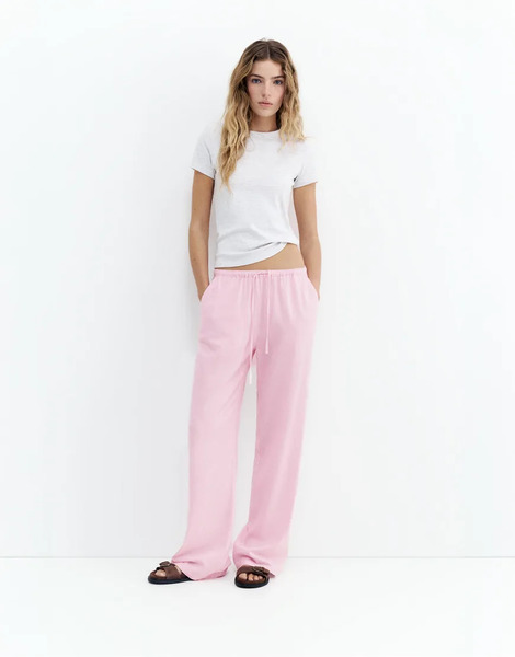  Pull & Bear Linen Blend Trousers In Rose Pink 