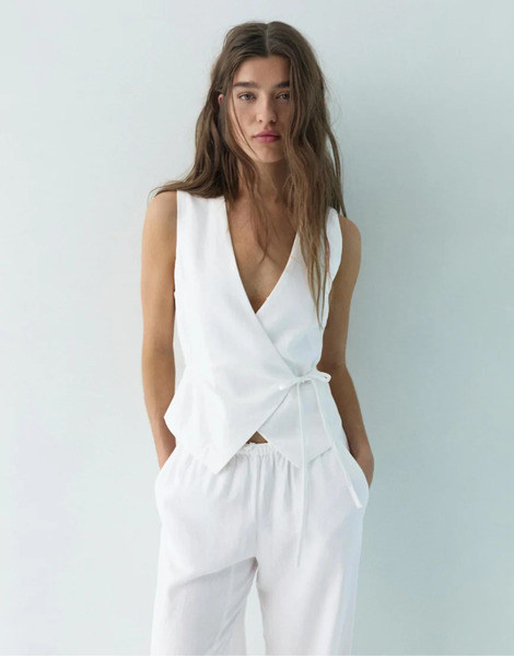  Pull & Bear Linen Blend Vest With Side Tie Fastening In White 