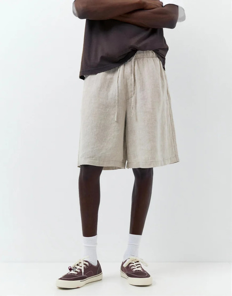  Pull & Bear 100% Linen Shorts In Beige Neutral 