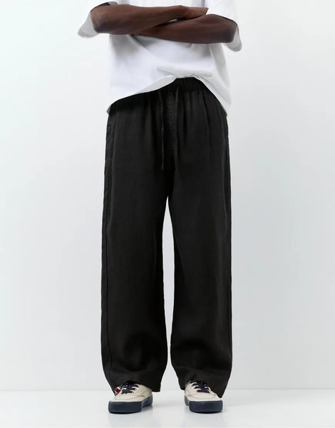 Pull & Bear 100% Linen Trousers In Black 