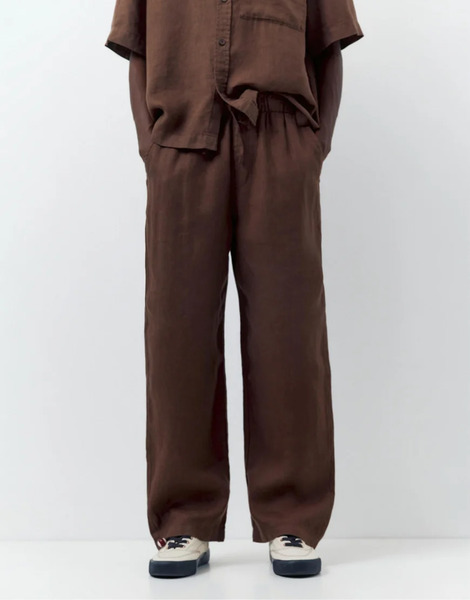 Pull & Bear 100% Linen Trousers In Brown 