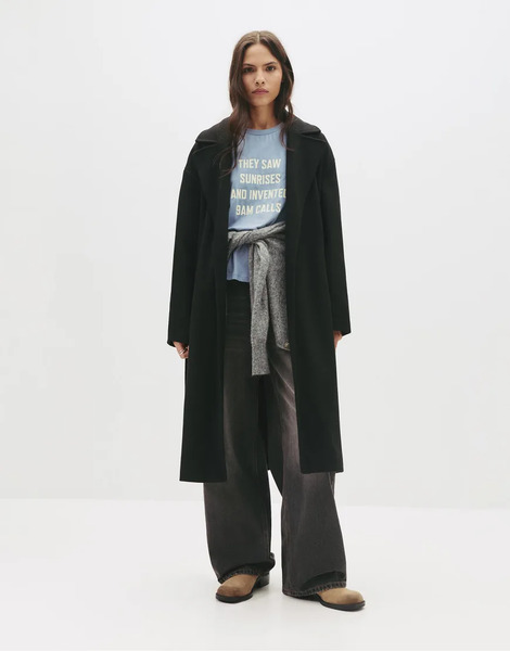  Pull & Bear Long Belted Coat In Black 