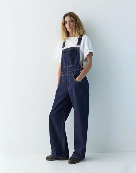  Pull & Bear Long Denim Dungarees In Navy 
