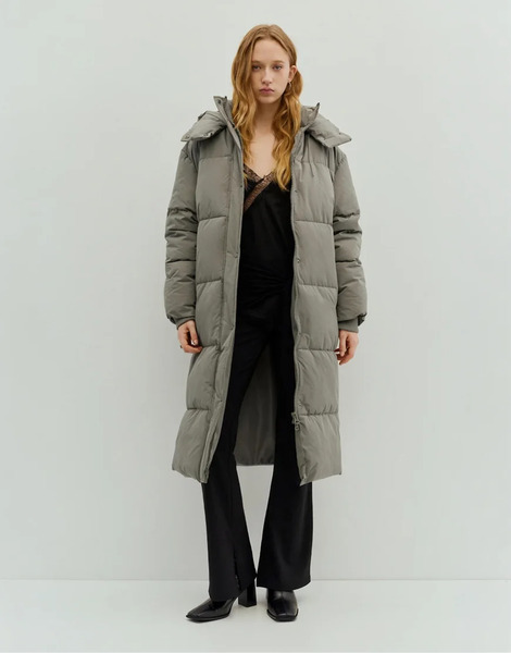  Pull & Bear Long Puffer Jacket In Taupe Grey 