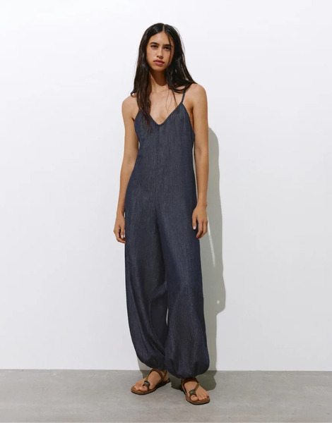  Pull & Bear Long Sarouel Jumpsuit With Straps In Navy 