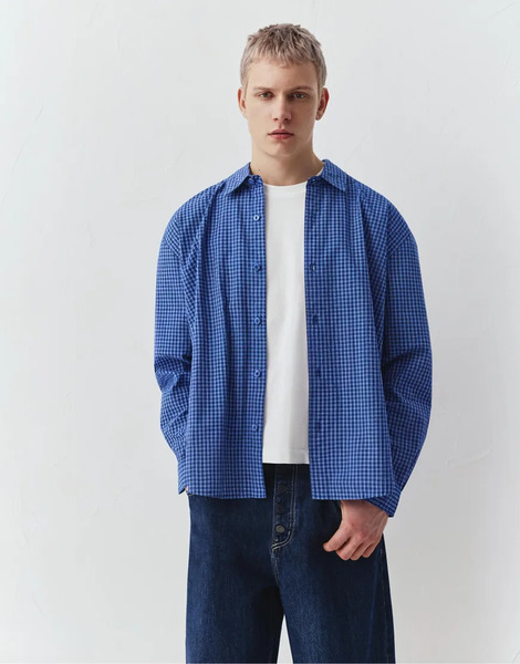  Pull & Bear Long Sleeve Check Shirt In Blue 