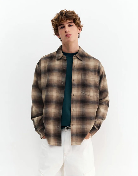  Pull & Bear Long Sleeve Check Shirt In Brown 