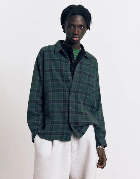  Pull & Bear Long Sleeve Check Shirt In Dark Blue 