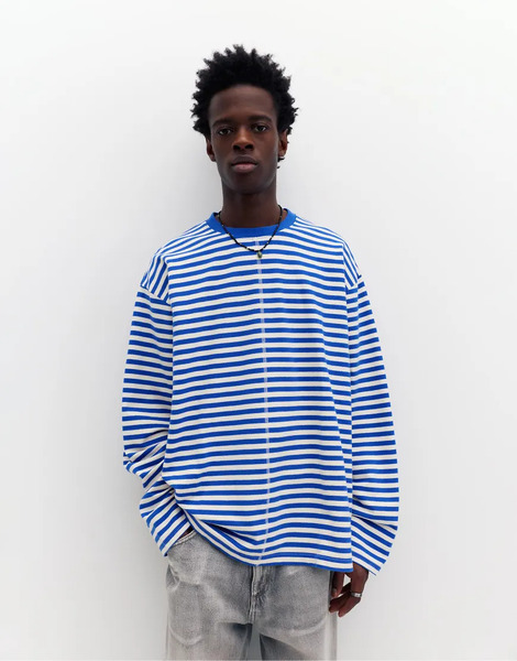  Pull & Bear Long Sleeve Striped T Shirt In Blue 