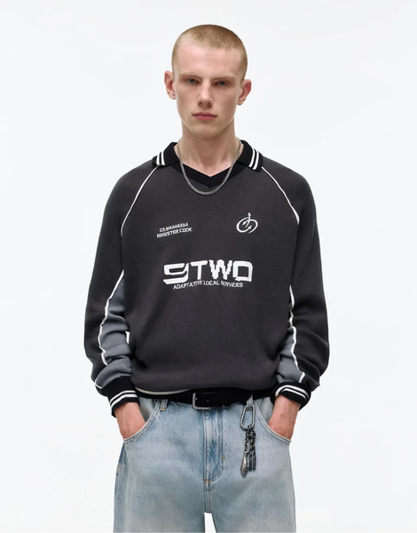  Pull & Bear Long Sleeve Stwd Polo Shirt In Grey 