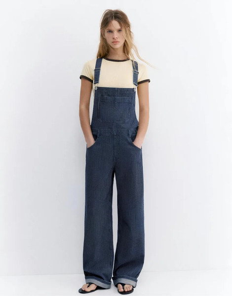  Pull & Bear Long Striped Denim Dungarees In Dark Blue 
