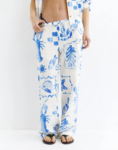  Pull & Bear Marine Printed Flowing Trousers In Sand Neutral 