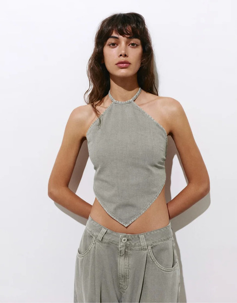  Pull & Bear Open Back Triangular Top In Taupe Grey 