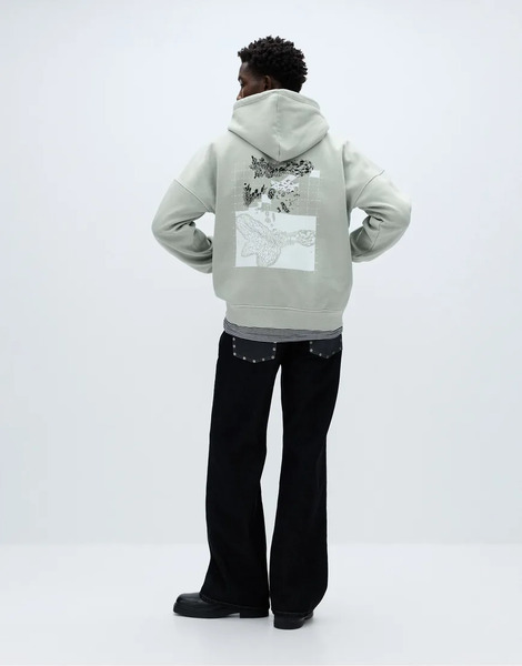  Pull & Bear Oversize Graphic Print Hoodie In Bluish Green 