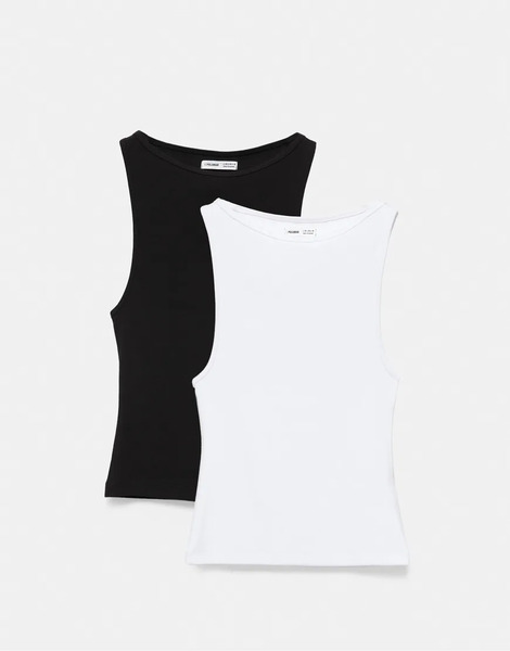  Pull & Bear Pack Of 2 Tank Tops In White/black Multi 