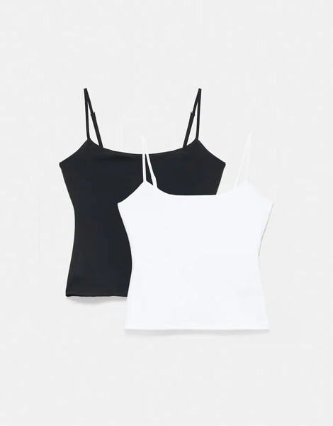  Pull & Bear Pack Of 2 Tops With Thin Straps In White/black Multi 