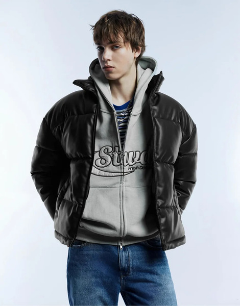  Pull & Bear Padded Leather Effect Jacket In Black 