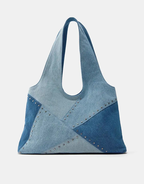  Pull & Bear Patchwork Denim Shopper In Blue 