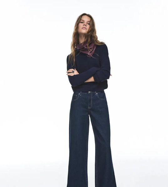  Pull & Bear Petite Low Rise Wide Leg Jeans In Dark Blue 