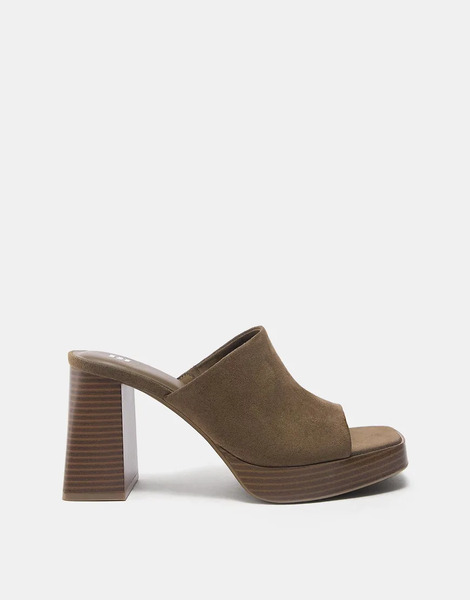  Pull & Bear Platform Mule Heels In Khaki Multi 