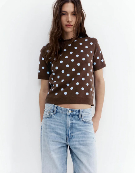  Pull & Bear Polka Dot Knit Top In Brown 
