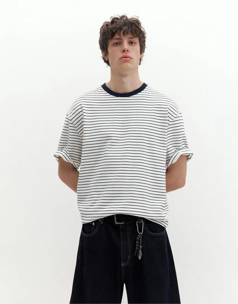  Pull & Bear Premium Short Sleeve T Shirt In Blue/white Multi 