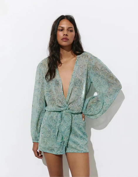  Pull & Bear Printed Gathered Romper In Turquoise Blue 