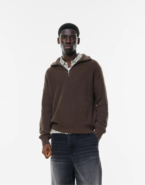  Pull & Bear Quarter Zip Sweater In Brown 