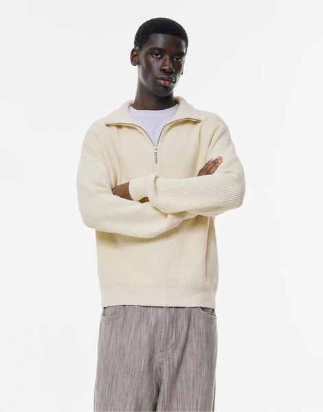  Pull & Bear Quarter Zip Sweater In Off White 