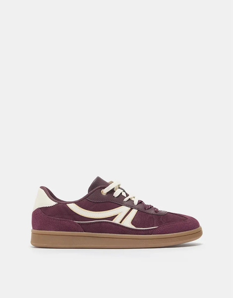  Pull & Bear Retro Lace Up Trainers In Burgundy Red 
