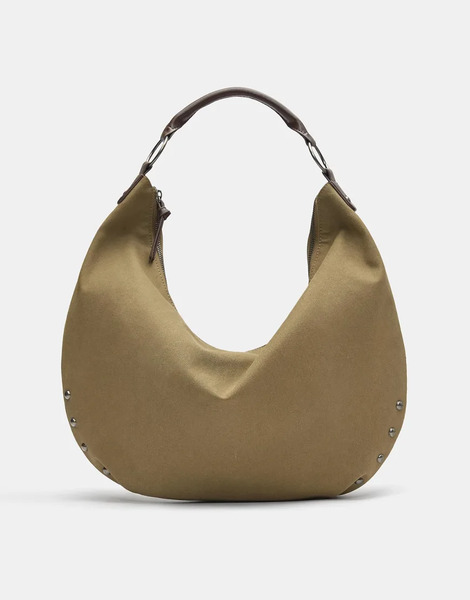  Pull & Bear Ring Stud Tote Bag In Grey/camel Multi 