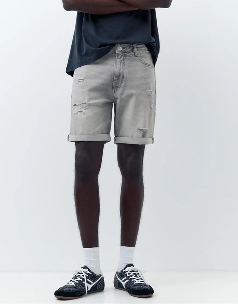  Pull & Bear Ripped Denim Bermuda Shorts In Dark Grey 