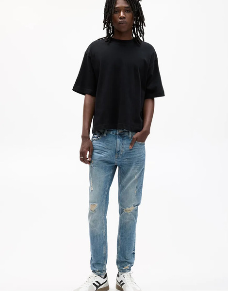  Pull & Bear Ripped Skinny Jeans In Medium Blue 