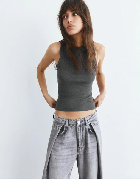  Pull & Bear Round Neck Tank Top In Medium Marl Grey 