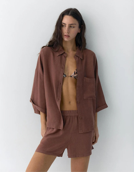  Pull & Bear Rustic Linen Blend Shirt In Brown 